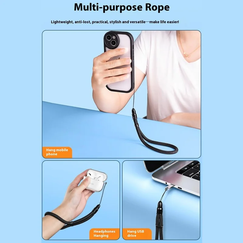 Adjustable Wrist Strap for Cellphone 360 Degree Rotation Bullet Head 7mm Polyester Cord Phone Lanyard - Black
