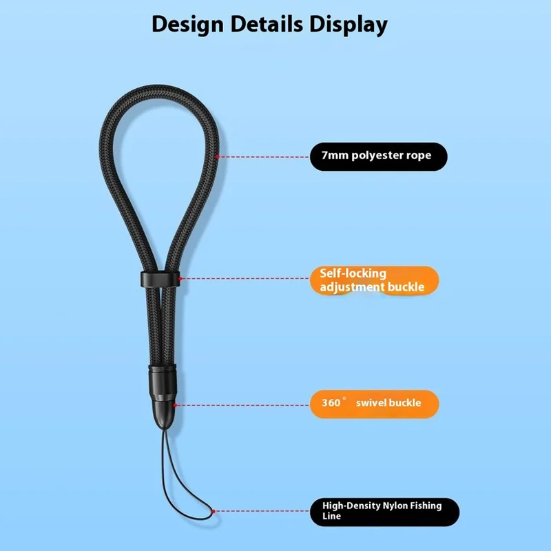 Adjustable Wrist Strap for Cellphone 360 Degree Rotation Bullet Head 7mm Polyester Cord Phone Lanyard - Black
