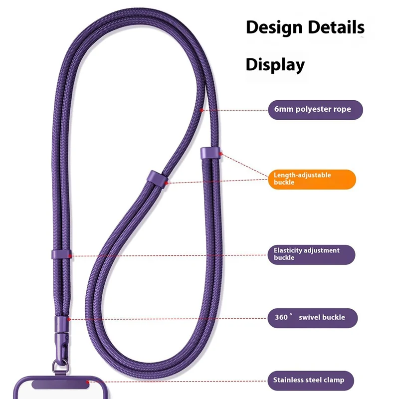 Upgraded 6mm Polyester Cord Phone Lanyard 360 Degree Rotation Adjustable Crossbody Neck Strap for Cellphone - Black