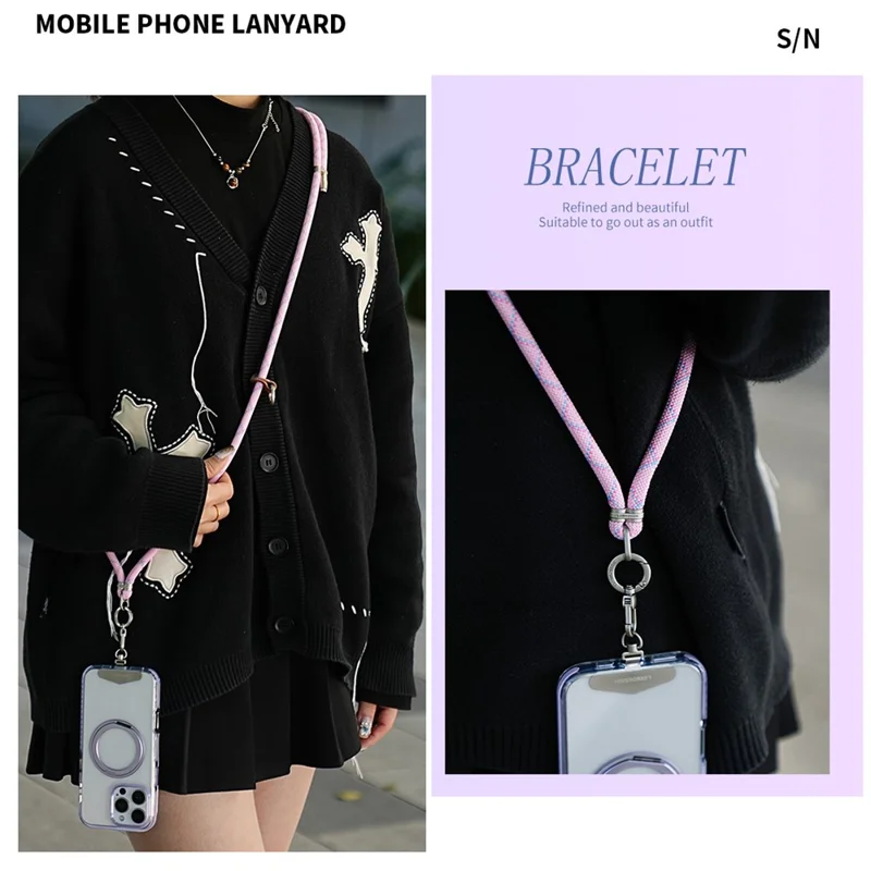 LEEU DESIGN 160cm Multicolor Crossbody Phone Lanyard 8mm Polyester Rope Adjustable Neck Strap with Tether Tab - Cross Pink