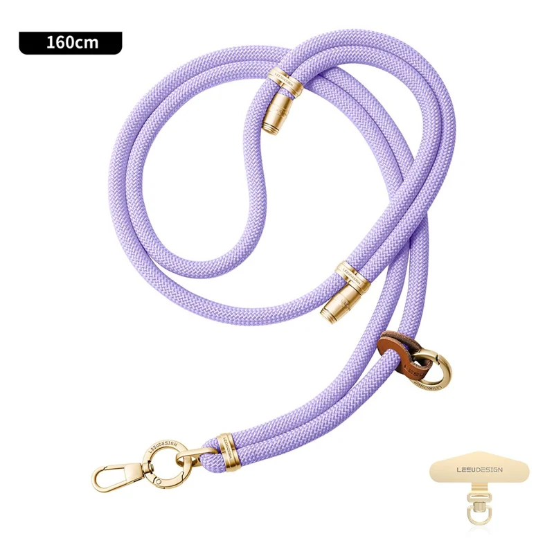 LEEU DESIGN 160 cm crossbody telefonlanyard 8 mm polyester justerbart halsbånd med guld tether-fane - aromaterapi lilla