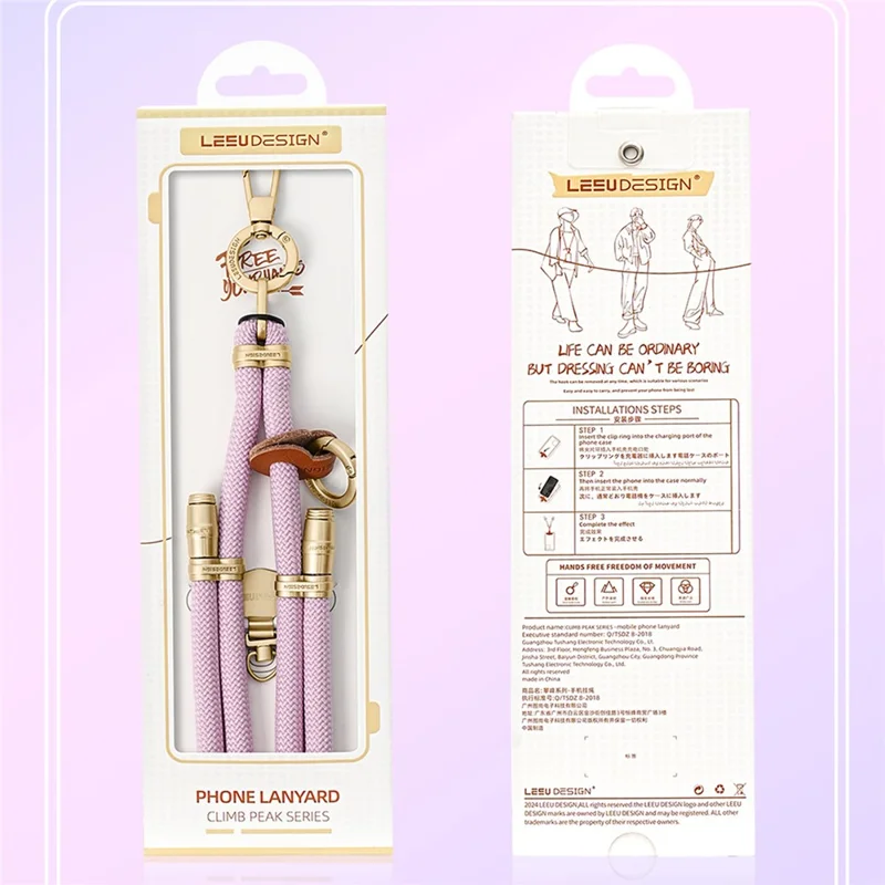 LEEU DESIGN 160 cm crossbody telefonlanyard 8 mm polyester justerbart halsbånd med guld tether-fane - aromaterapi lilla