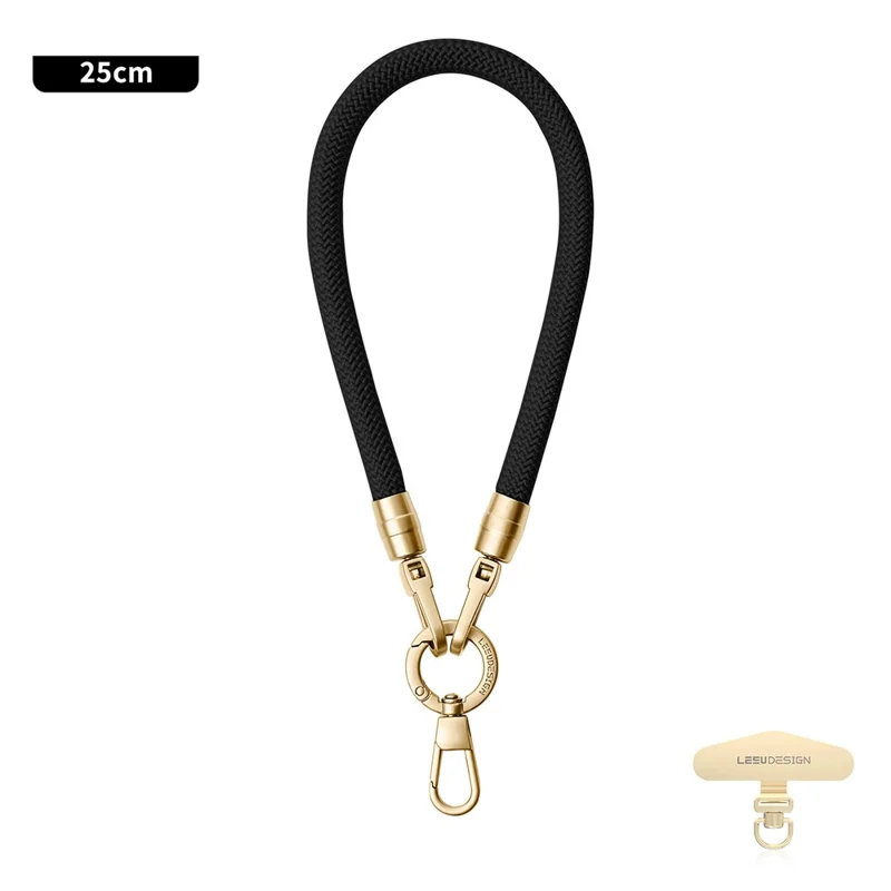 LEEU DESIGN 25cm Phone Wrist Strap 8mm Polyester Lanyard with Gold Stainless Steel Tether Tab - Black