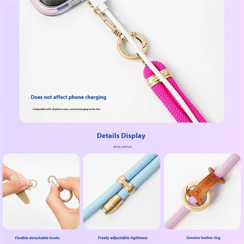 LEEU DESIGN 120cm Crossbody Phone Lanyard Anti-Lost Charm 8mm Polyester Neck Strap with Gold Tether Tab - Aromatherapy Purple