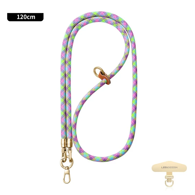LEEU DESIGN 120cm Phone Lanyard Crossbody Multicolor 8mm Polyester Rope Neck Strap with Gold Tether Tab - Colorful