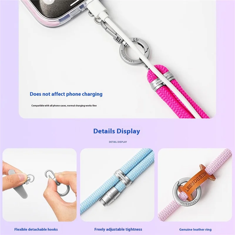 LEEU DESIGN 120cm Phone Lanyard Crossbody Anti-Lost 8mm Polyester Neck Strap with Silver Tether Tab - Aromatherapy Purple