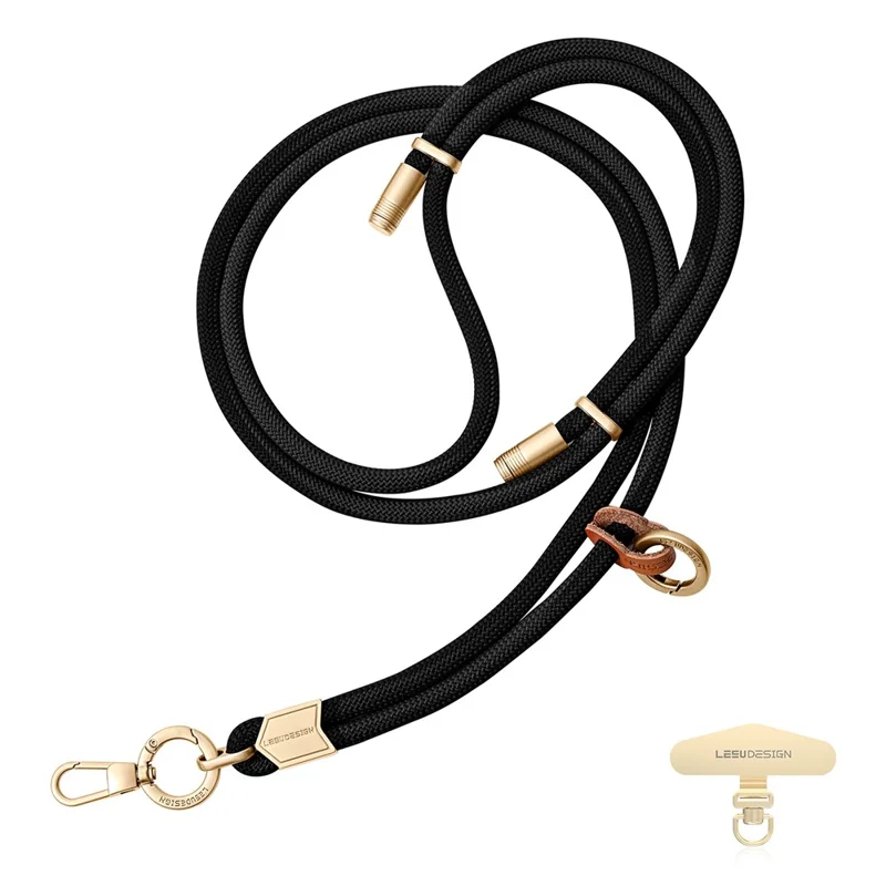 LEEU DESIGN 160cm Crossbody Phone Lanyard 6mm Polyester Adjustable Neck Strap with Gold Tether Tab - Black