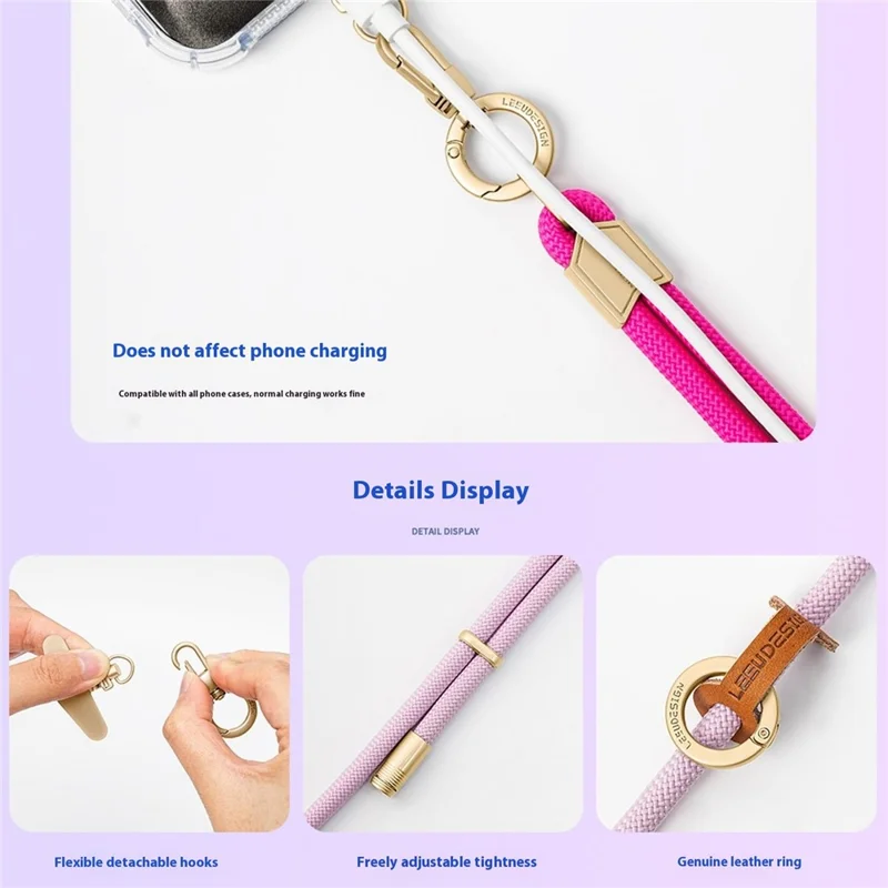 LEEU DESIGN 160cm Crossbody Phone Lanyard 6mm Polyester Adjustable Neck Strap with Gold Tether Tab - Black