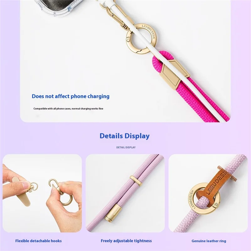 LEEU DESIGN 120cm Phone Lanyard Crossbody 6mm Polyester Neck Strap with Gold Tether Tab - Aromatherapy Purple