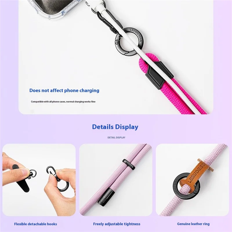 LEEU DESIGN 120cm Phone Lanyard Crossbody 6mm Polyester Neck Strap with Black Tether Tab - Aromatherapy Purple