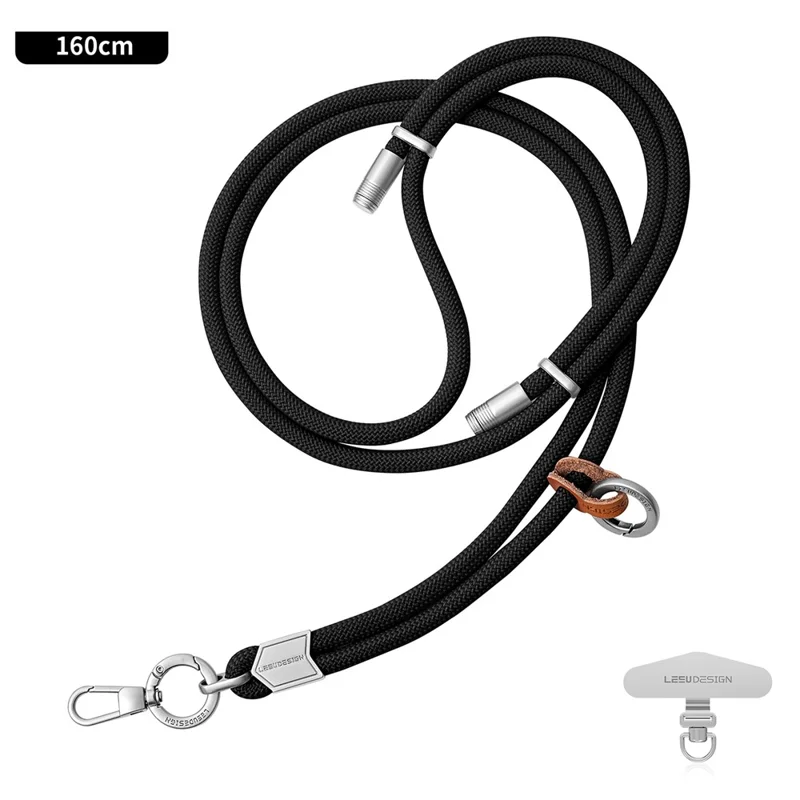 LEEU DESIGN 160cm Crossbody Phone Lanyard 6mm Polyester Adjustable Neck Strap with Silver Tether Tab - Black