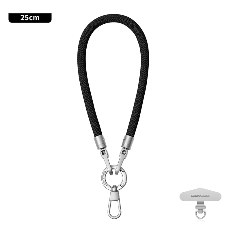 LEEU DESIGN 25cm Phone Wrist Strap 6mm Polyester Anti Theft Lanyard Charm with Silver Tether Tab - Black