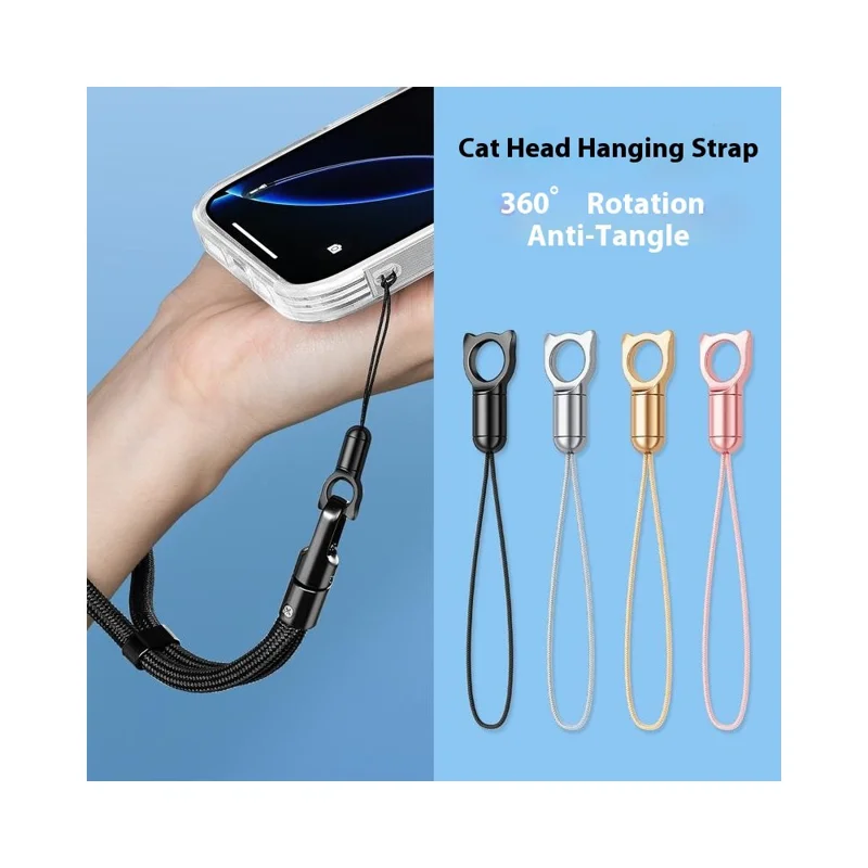 Zinc Alloy Cat Charm Keychain Fishing Line Strap 360 Degree Rotatable Phone Lanyard for Camera Earphone Keys - Black