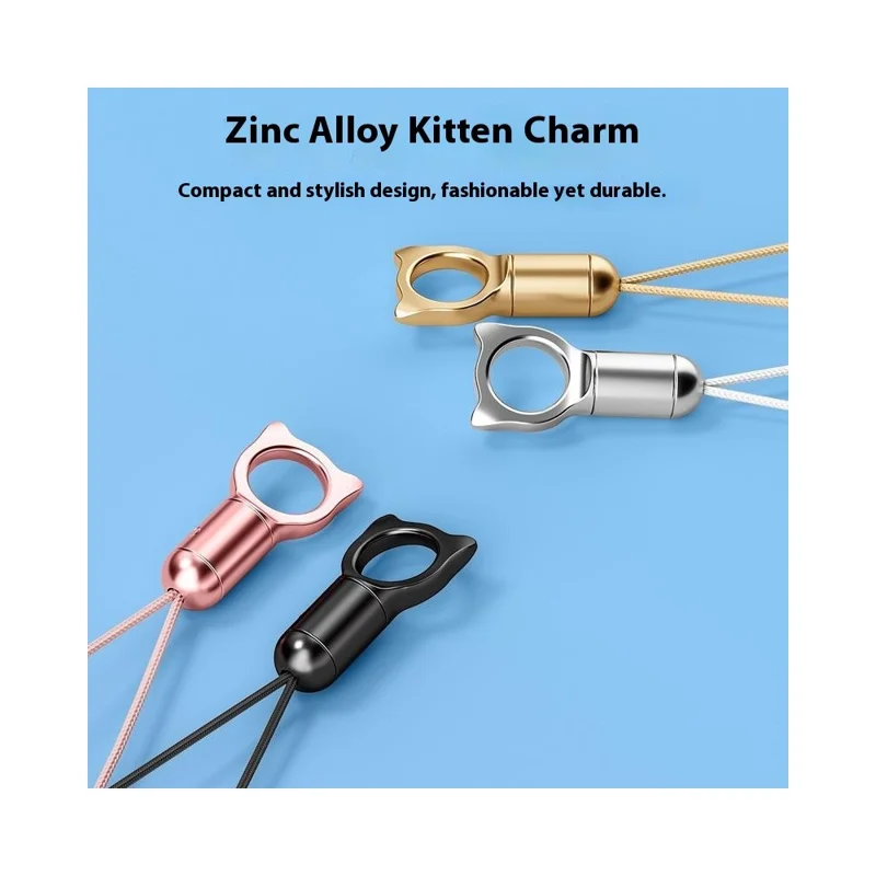 Zinc Alloy Cat Charm Keychain Fishing Line Strap 360 Degree Rotatable Phone Lanyard for Camera Earphone Keys - Black