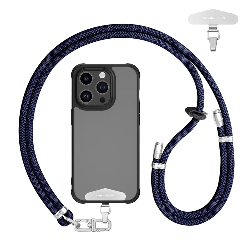 LEEU DESIGN 160cm Crossbody Phone Lanyard 8mm Polyester Adjustable Neck Strap with Silver Tether Tab - Navy Blue