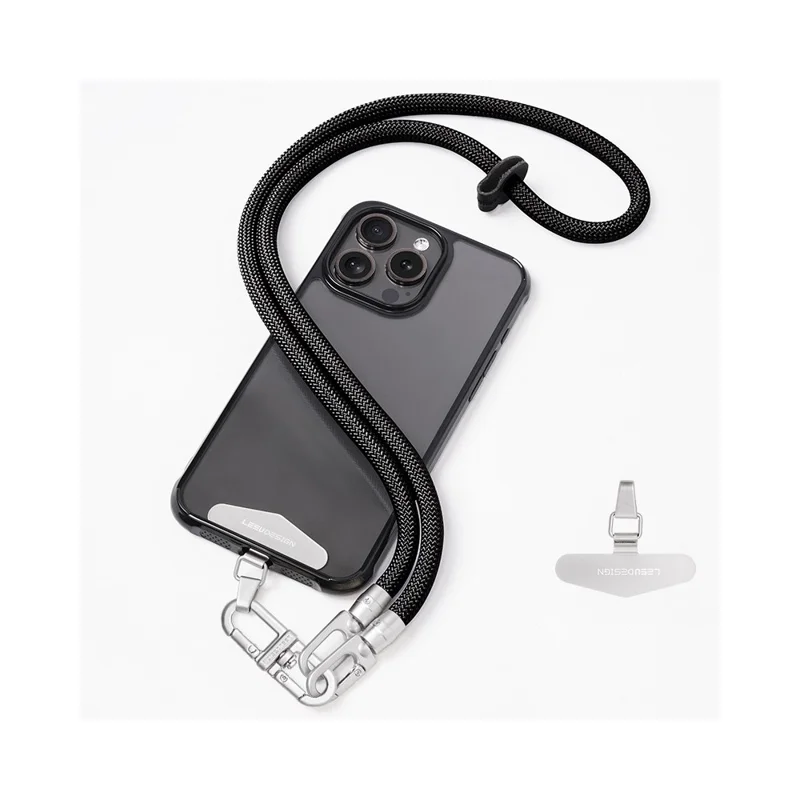 LEEU DESIGN 85cm Neck Lanyard 8mm Polyester Phone Strap with Silver Tether Tab - Black