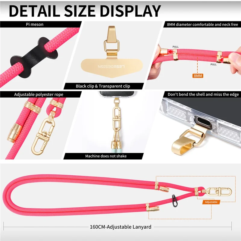 LEEU DESIGN 160 cm telefonlanyard tværgående kontrastfarver 8 mm polyester justerbart bånd med guldforbinder – farverig