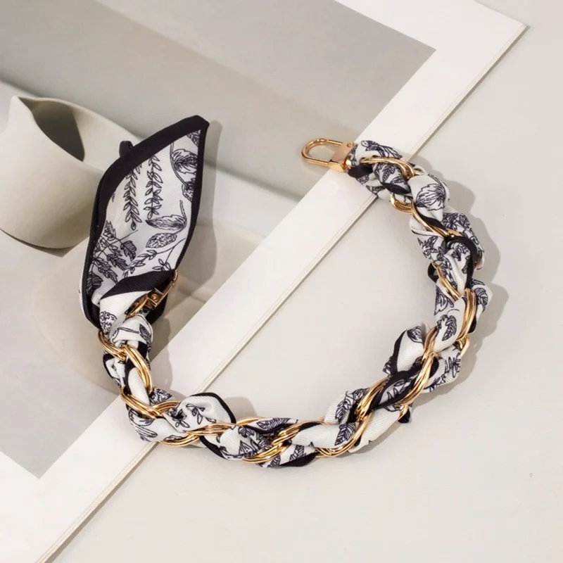 Black Floral Silk Woven Phone Lanyard Decorative Handheld Metal Polyester Short Strap 32cm