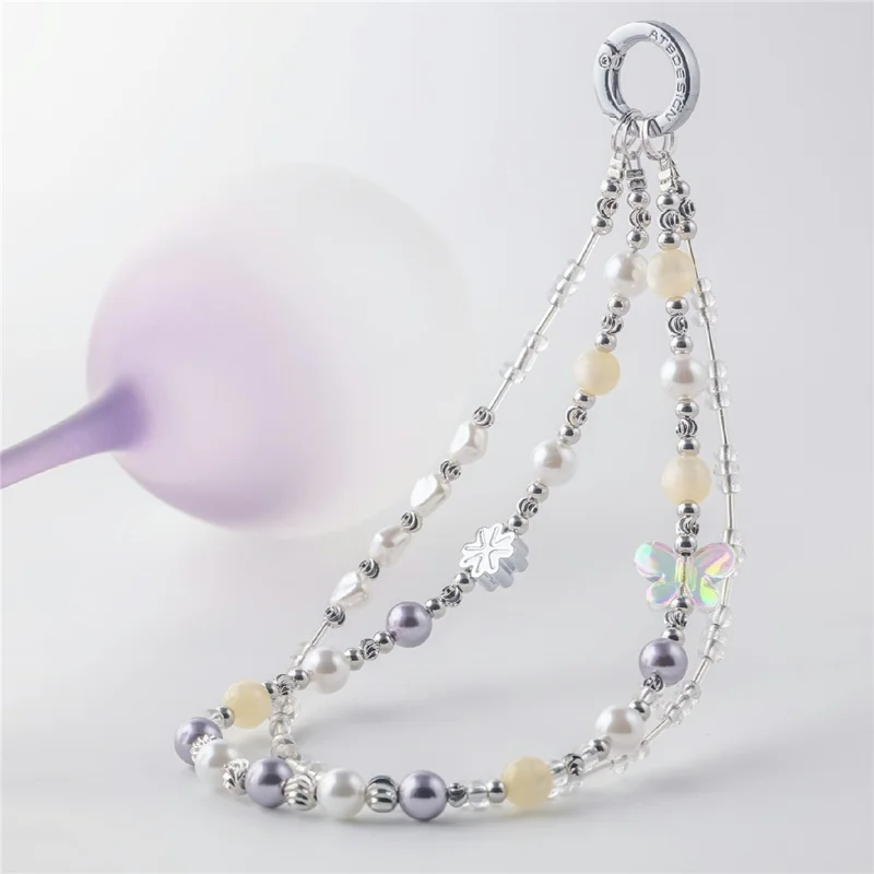 YUNSE SAB011 Double Layer Phone Chain Elegant Purple Crystal Pearl Lanyard 30-34cm Stylish Accessory
