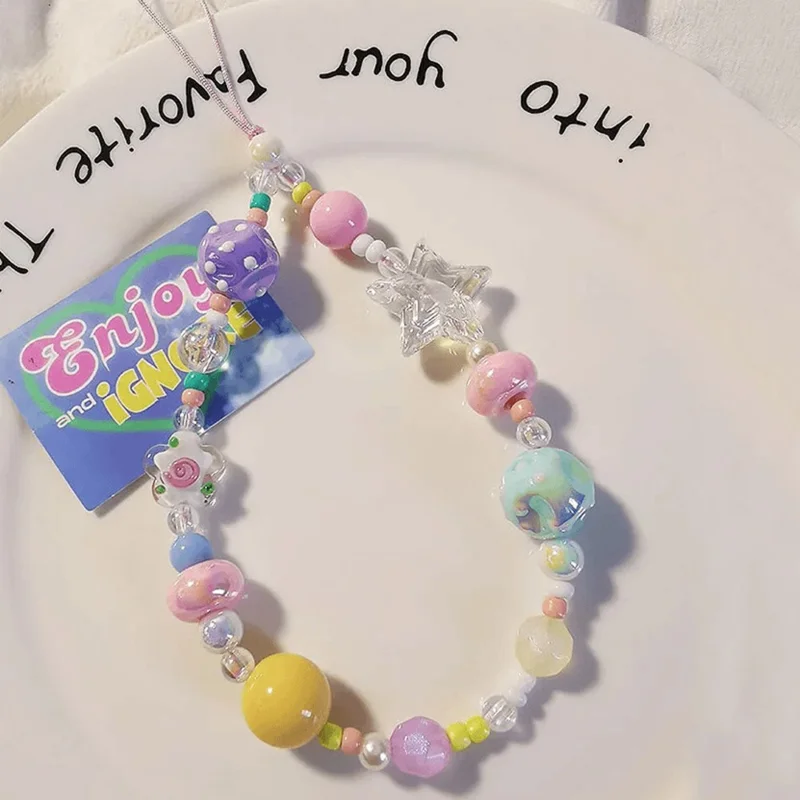 Farverige perlede telefonremme 14 cm DIY graffiti akryl stjerne anti-tab telefon snor nøglering