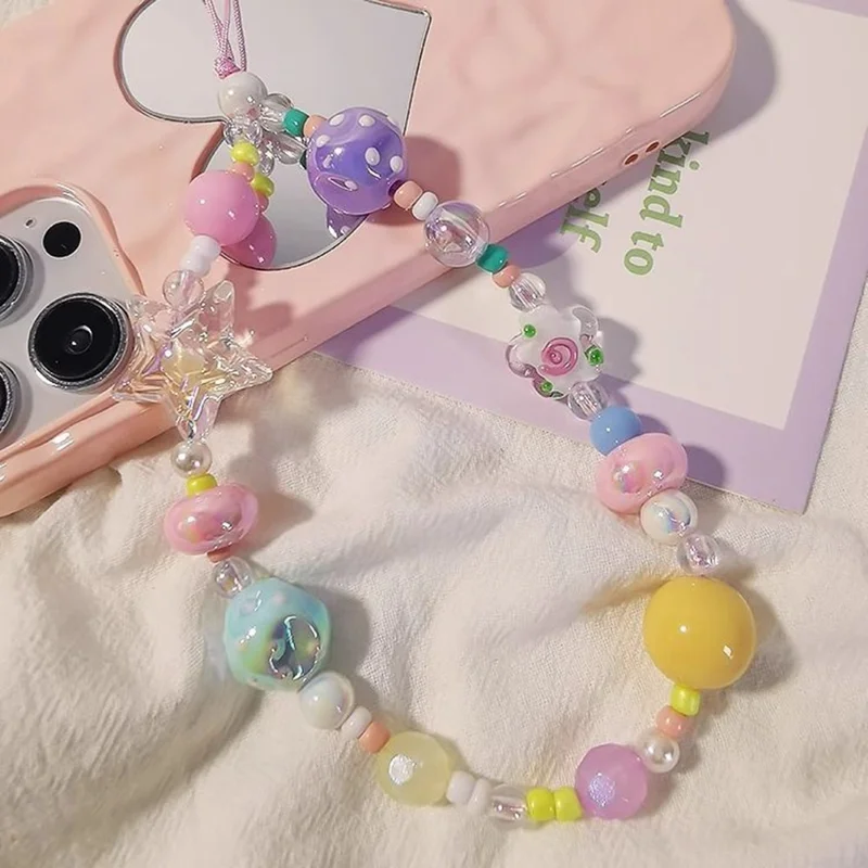 Farverige perlede telefonremme 14 cm DIY graffiti akryl stjerne anti-tab telefon snor nøglering