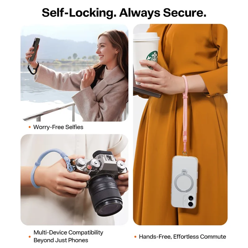Sangle de poignet TORRAS LoopGo Flex pour téléphone, appareil photo, écouteurs, anti-chute avec patte de fixation - Rose