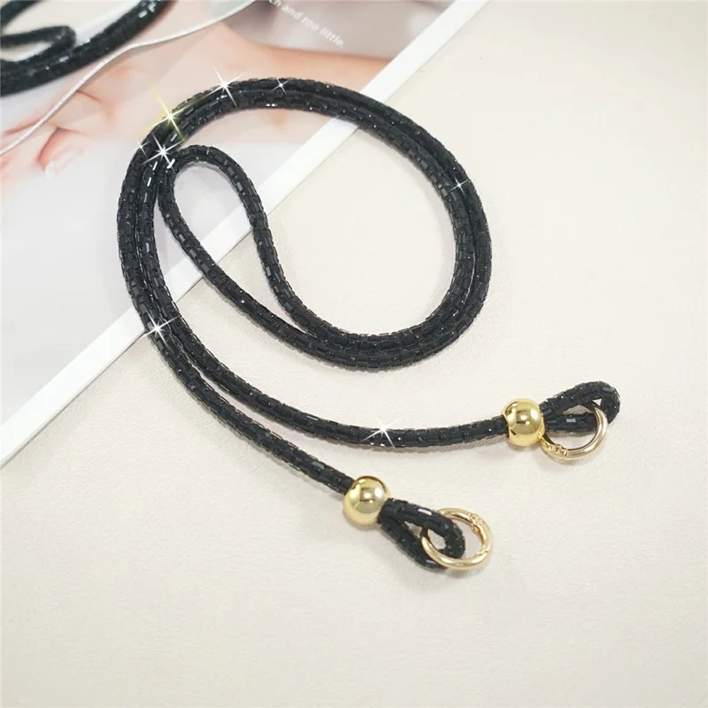 120cm Square Crystal Beaded Phone Lanyard Crossbody Neck Strap Anti-Lost Cellphone Chain Accessories - Black  /  Gold