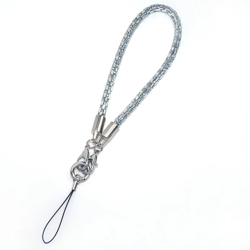 Lanière de téléphone courte de 30 cm avec connecteur argenté en cristal carré et attaches à libération rapide - Blanc argenté