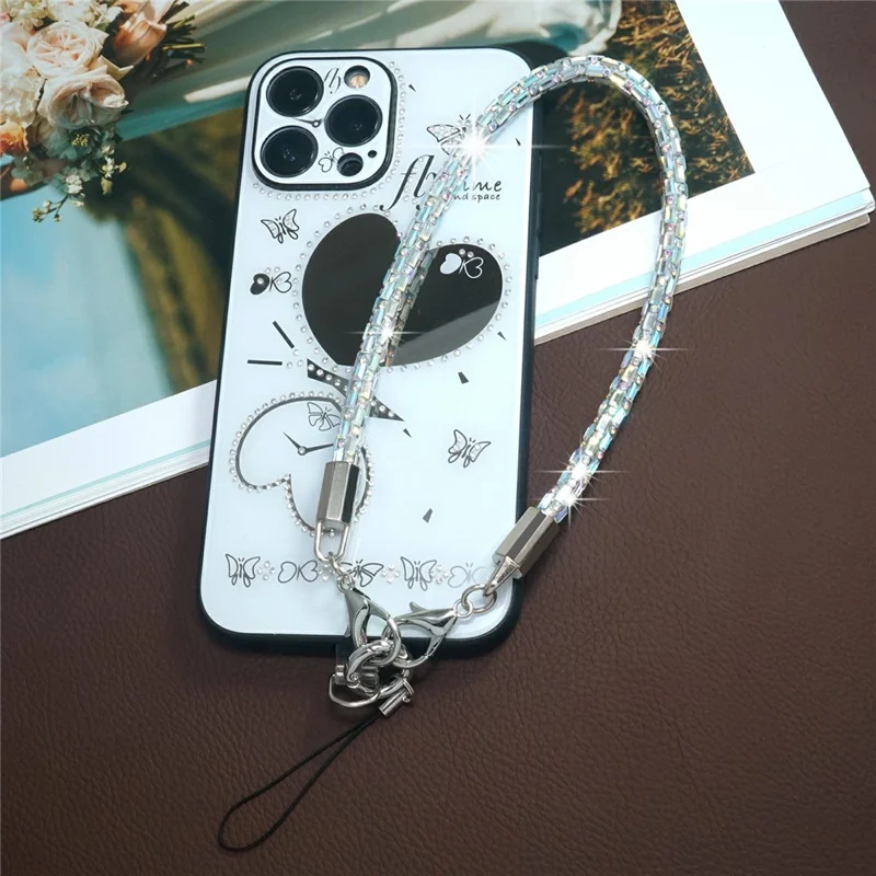 Lanière de téléphone courte de 30 cm avec connecteur argenté en cristal carré et attaches à libération rapide - Blanc argenté