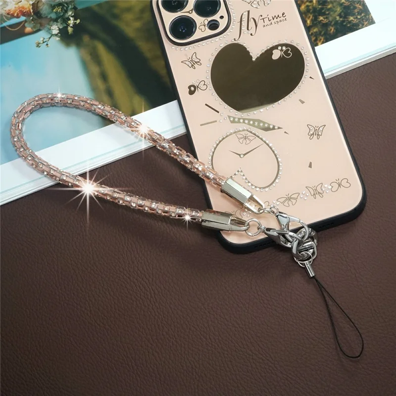 Lanière de téléphone courte de 30 cm avec connecteur argenté en cristal carré et attaches à libération rapide - Blanc argenté