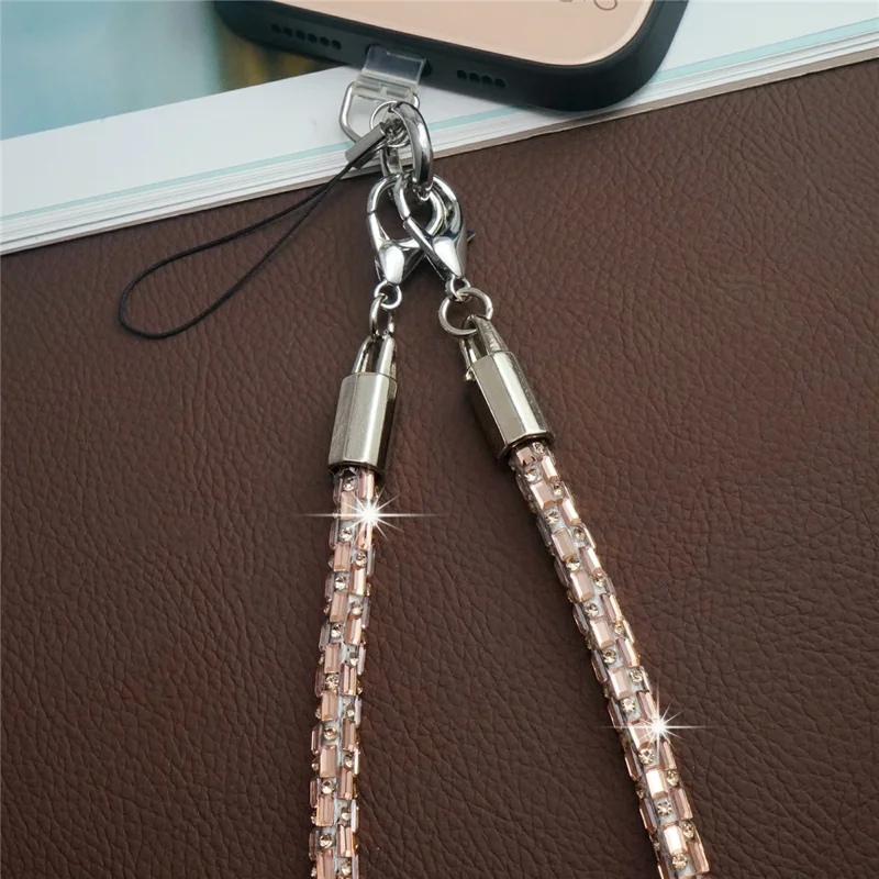 Lanière de téléphone courte de 30 cm avec connecteur argenté en cristal carré et attaches à libération rapide - Blanc argenté