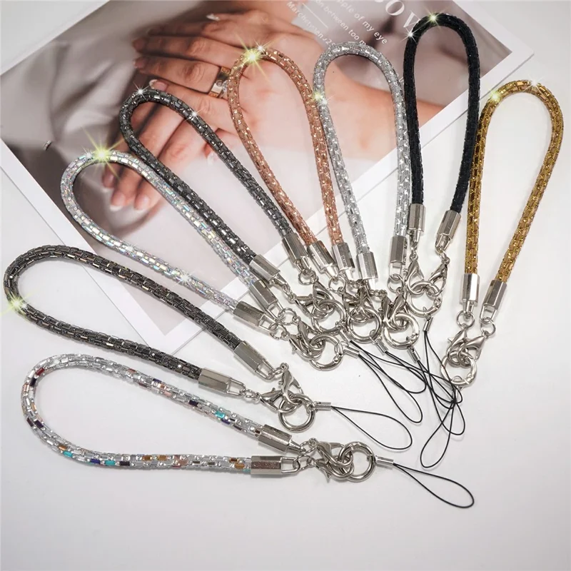 Lanière de téléphone courte de 30 cm avec connecteur argenté en cristal carré et attaches à libération rapide - Blanc argenté