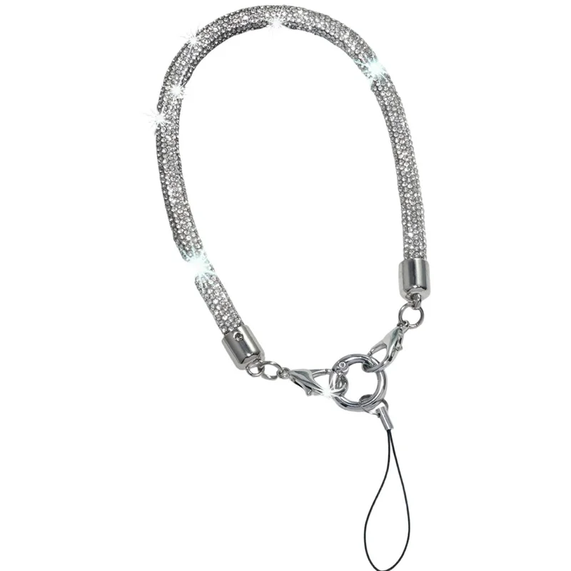 Porte-clés court en strass avec bracelet de téléphone à double agrafe, chaîne ornée de cristaux, porte-clés universel pour mobile - Argent Blanc