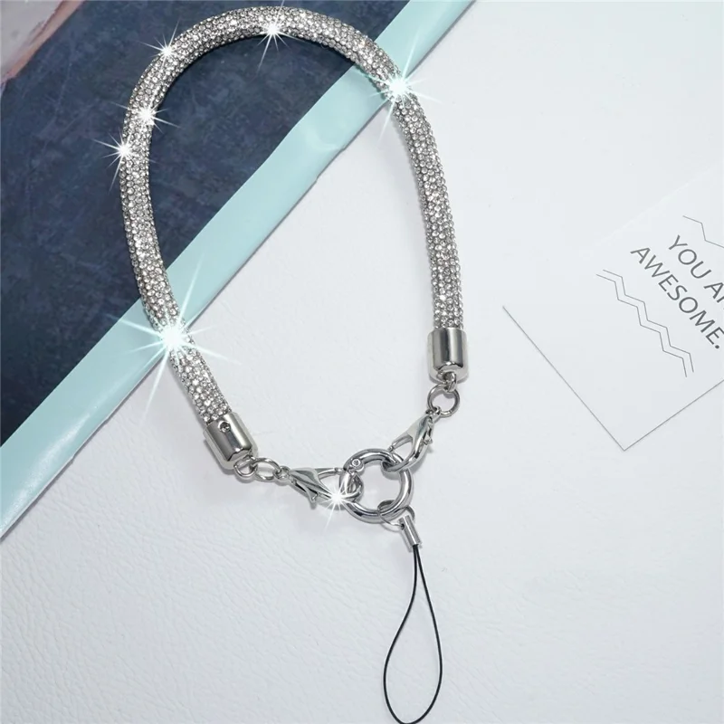 Porte-clés court en strass avec bracelet de téléphone à double agrafe, chaîne ornée de cristaux, porte-clés universel pour mobile - Argent Blanc