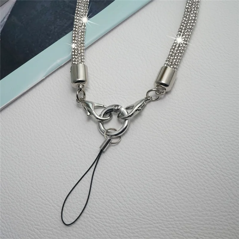 Porte-clés court en strass avec bracelet de téléphone à double agrafe, chaîne ornée de cristaux, porte-clés universel pour mobile - Argent Blanc