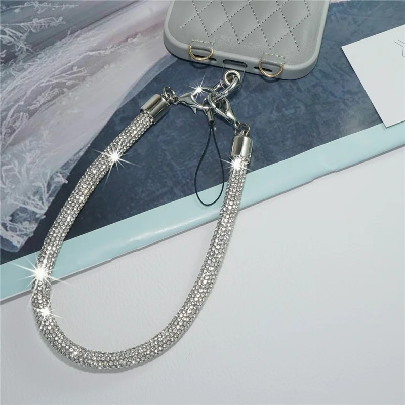 Porte-clés court en strass avec bracelet de téléphone à double agrafe, chaîne ornée de cristaux, porte-clés universel pour mobile - Argent Blanc