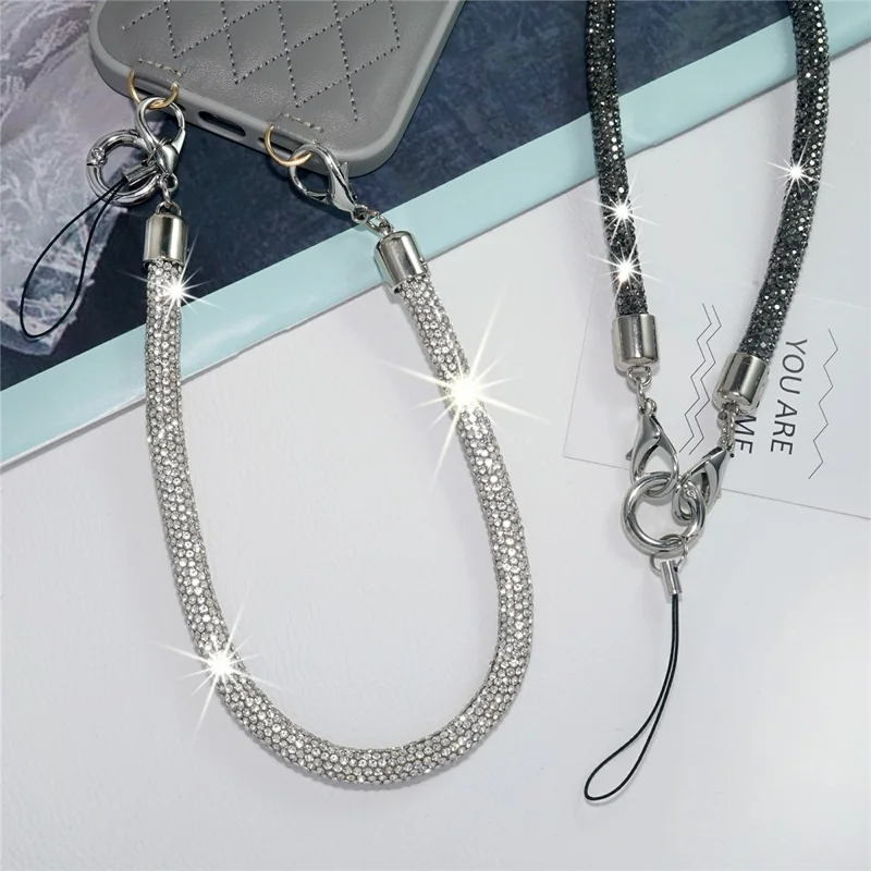 Porte-clés court en strass avec bracelet de téléphone à double agrafe, chaîne ornée de cristaux, porte-clés universel pour mobile - Argent Blanc