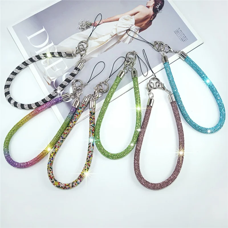 Porte-clés court en strass avec bracelet de téléphone à double agrafe, chaîne ornée de cristaux, porte-clés universel pour mobile - Argent Blanc