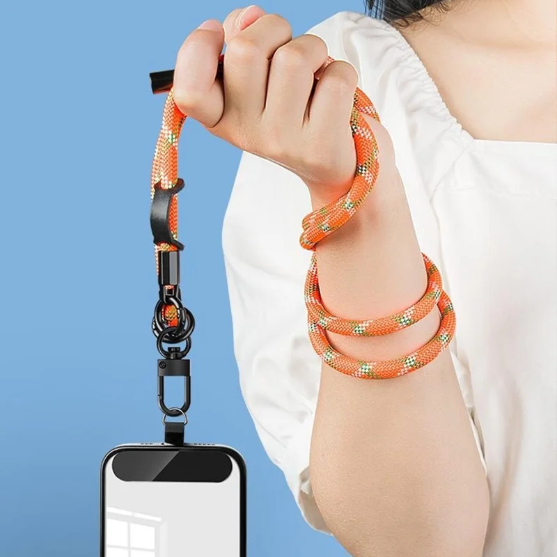 Tira Ajustável de 1,5 m para Telemóvel com Anel de Segurança, Tira Transversal ao Pescoço, Corda Longa de Náilon, Diâmetro de 8 mm - Branco/Laranja com Padrão em X