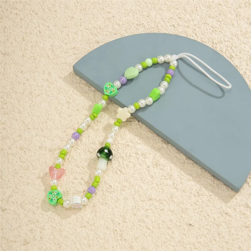 20cm Phone Lanyard Mushroom Pearl Tassel Design Acrylic Beaded Strap Wrist Chain Mobile Accessory - 0034