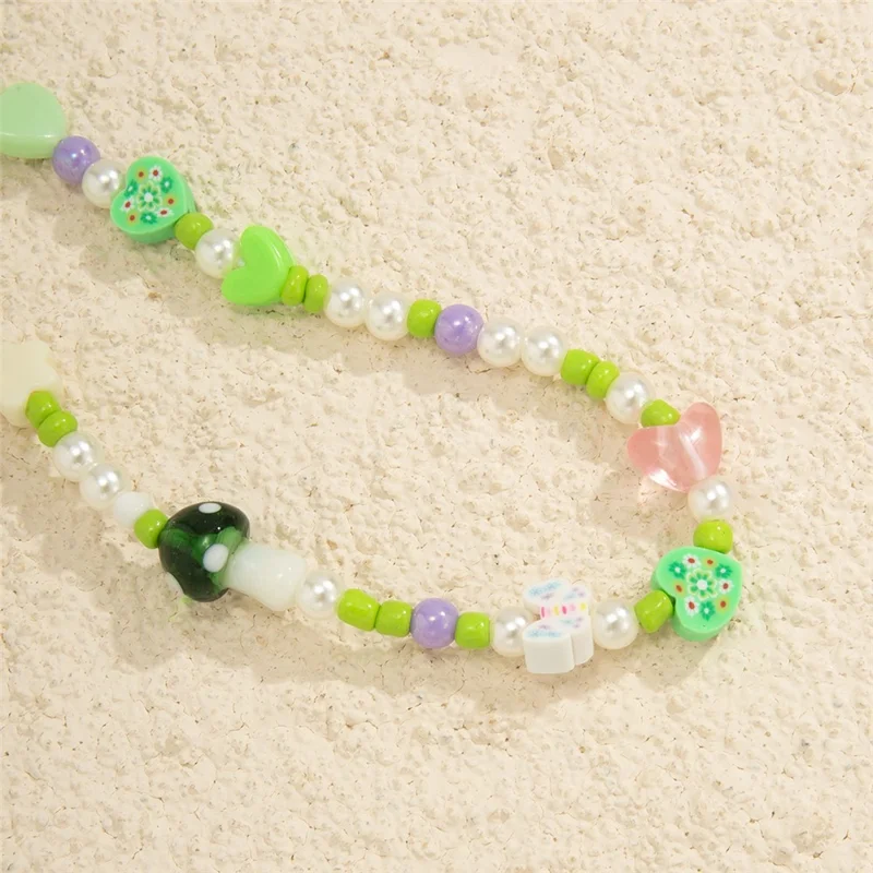 20cm Phone Lanyard Mushroom Pearl Tassel Design Acrylic Beaded Strap Wrist Chain Mobile Accessory - 0034