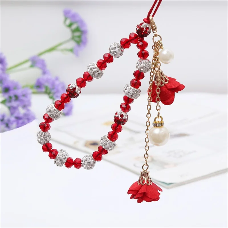 18.7cm Phone Lanyard with Crystal Beads and Rose Flower Charms Wrist Strap Hand Chain Mobile Phone Accessory - Red