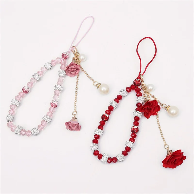 18.7cm Phone Lanyard with Crystal Beads and Rose Flower Charms Wrist Strap Hand Chain Mobile Phone Accessory - Red