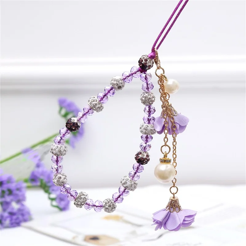 18.7cm Phone Lanyard with Crystal Beads and Rose Flower Charms Wrist Strap Hand Chain Mobile Phone Accessory - Red