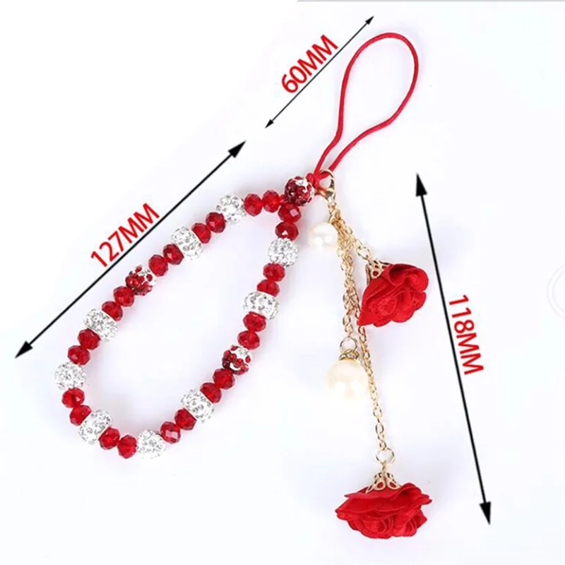 18.7cm Phone Lanyard with Crystal Beads and Rose Flower Charms Wrist Strap Hand Chain Mobile Phone Accessory - Red