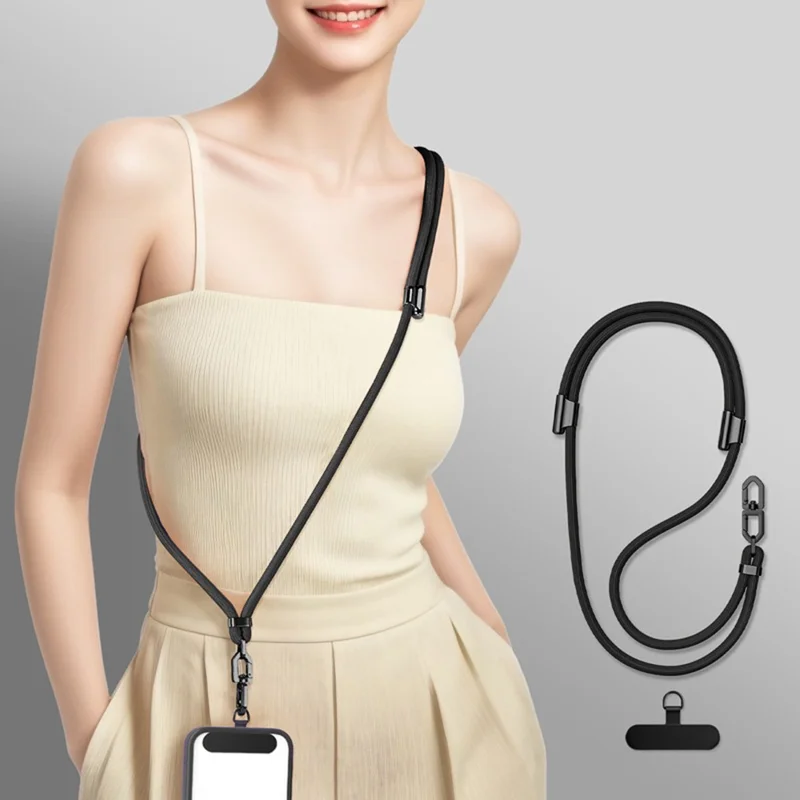 1.5m Adjustable Phone Lanyard Crossbody Neck Strap 360° Rotating Buckle with Stainless Steel Tether Tab, 7mm Diameter - Black