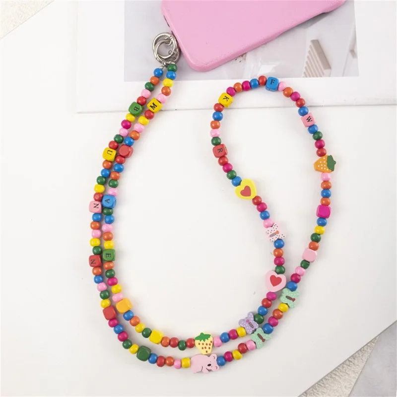 120cm Beaded Phone Lanyard Colorful Heart Charm Crossbody Phone Strap Chain Strap with Tether Tab
