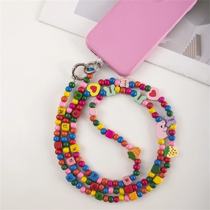120cm Beaded Phone Lanyard Colorful Heart Charm Crossbody Phone Strap Chain Strap with Tether Tab