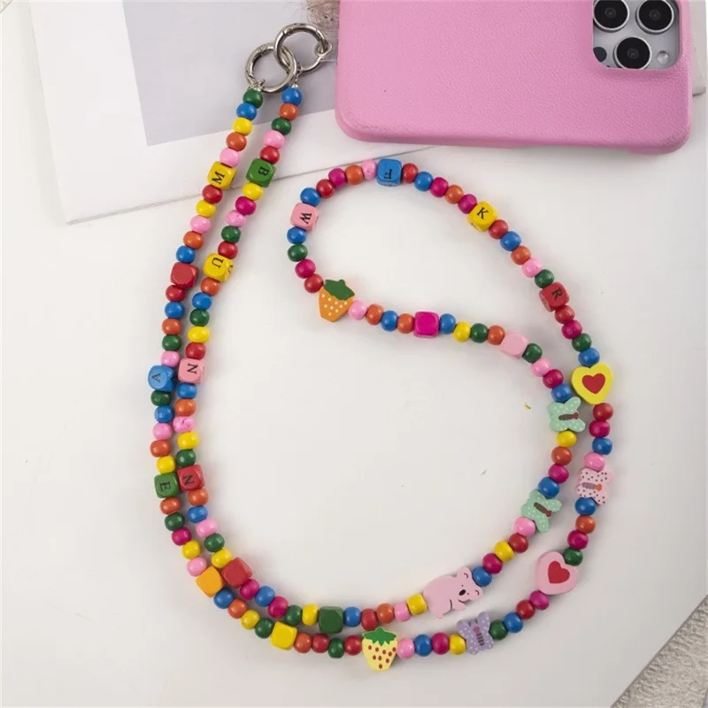 120cm Beaded Phone Lanyard Colorful Heart Charm Crossbody Phone Strap Chain Strap with Tether Tab