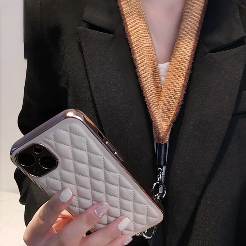 Sznurek do telefonu na szyję z zaślepką, uniwersalny sznurek do telefonu, pluszowy sznurek w kratkę z zaślepką - Czarny